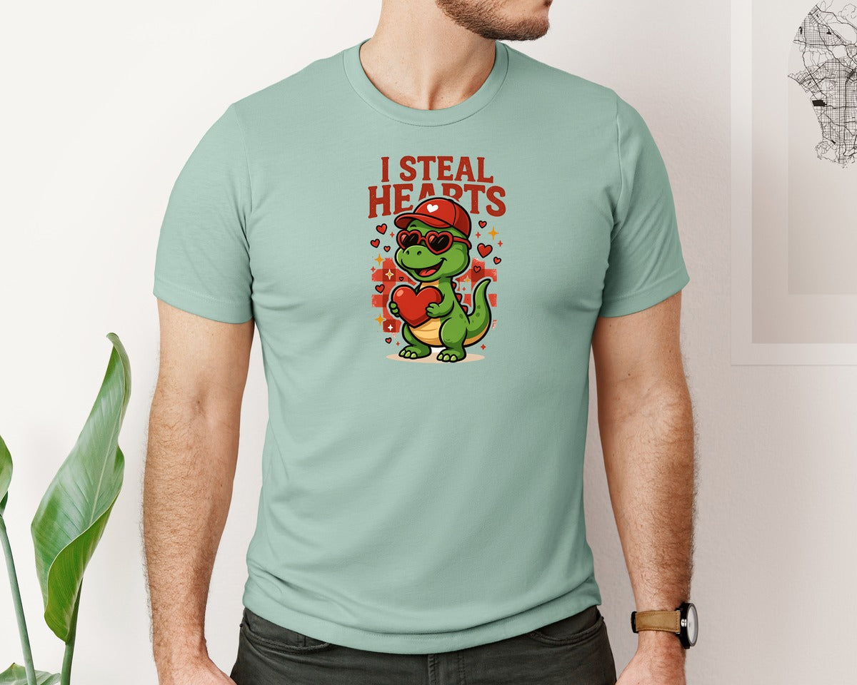 brand:Bella Canvas|color:Dusty Blue|Retro Valentine Dinosaur Holding Heart 3 Graphic T-Shirt