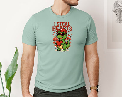 brand:Bella Canvas|color:Dusty Blue|Retro Valentine Dinosaur Holding Heart 3 Graphic T-Shirt