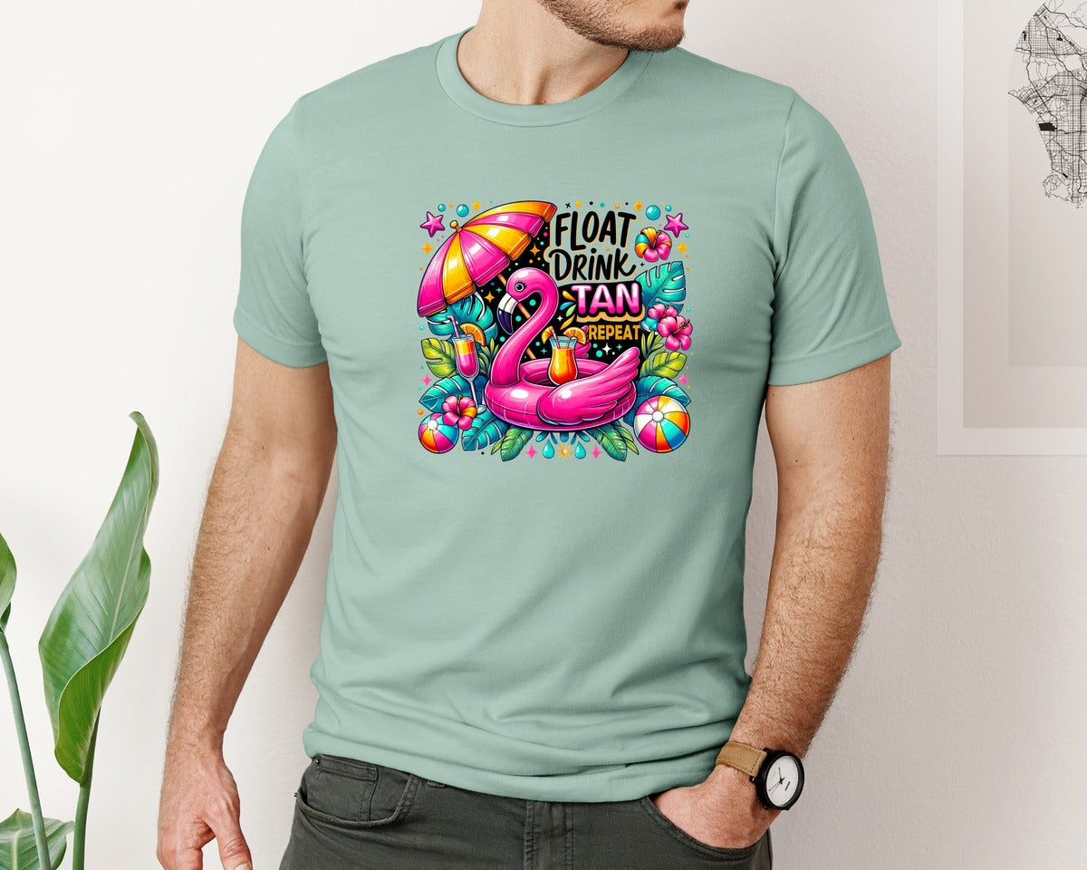 brand:Bella Canvas|color:Dusty Blue|Summer Beach Float Drink Tan Graphic T-Shirt