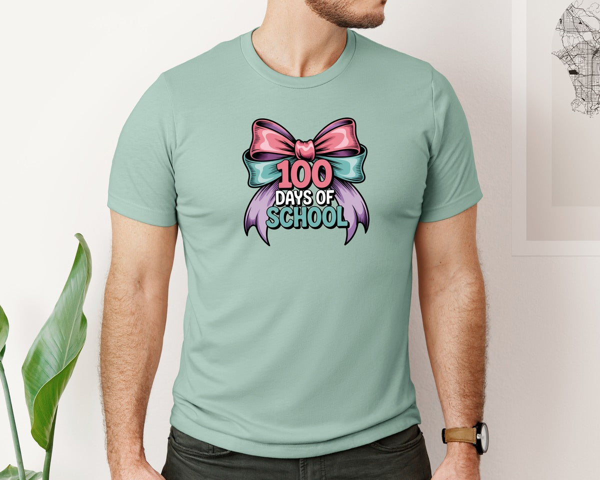 brand:Bella Canvas|color:Dusty Blue|100 Days Of School Crochet Bow 2 Graphic T-Shirt