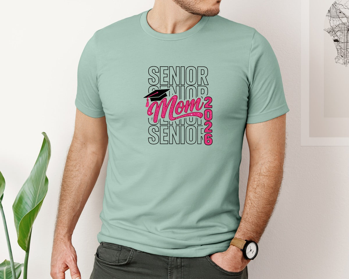 brand:Bella Canvas|color:Dusty Blue|Senior Mom Pink Glitter 2026 Graphic T-Shirt