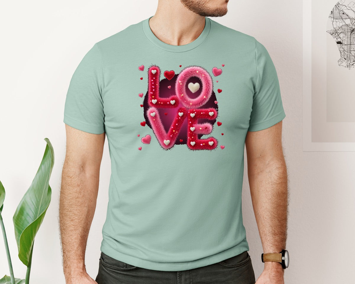 brand:Bella Canvas|color:Dusty Blue|Furry Love Sign With Hearts Graphic T-Shirt