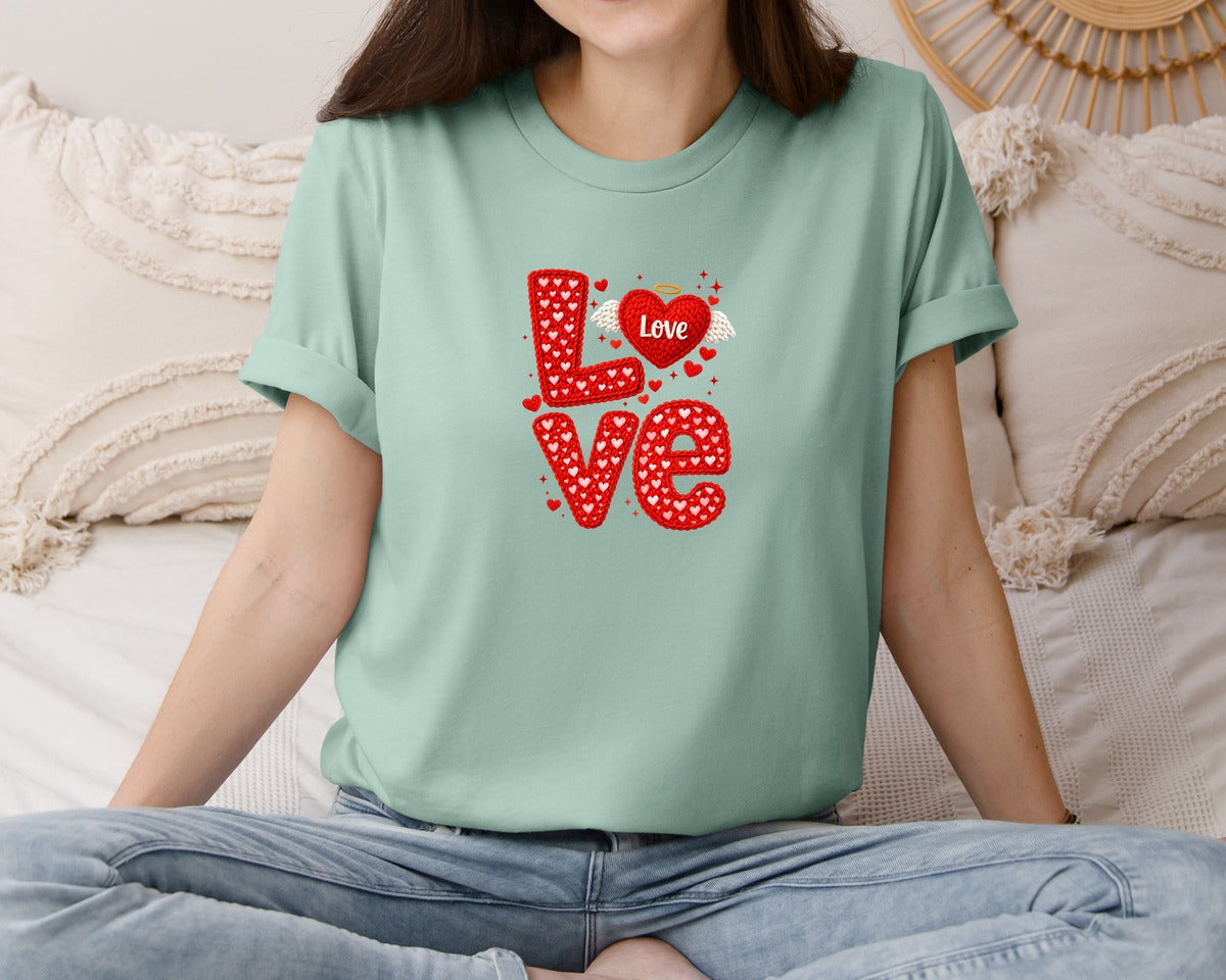brand:Bella Canvas|color:Dusty Blue|Crochet Preppy Valentine Love Graphic T-Shirt
