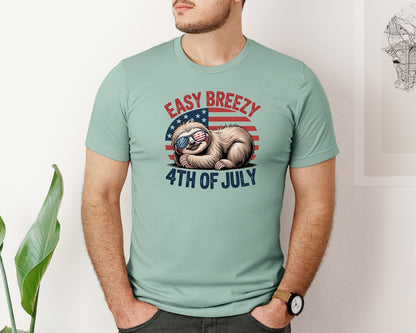 brand:Bella Canvas|color:Dusty Blue|Easy Breezy 4Th Of July Sloth Graphic T-Shirt