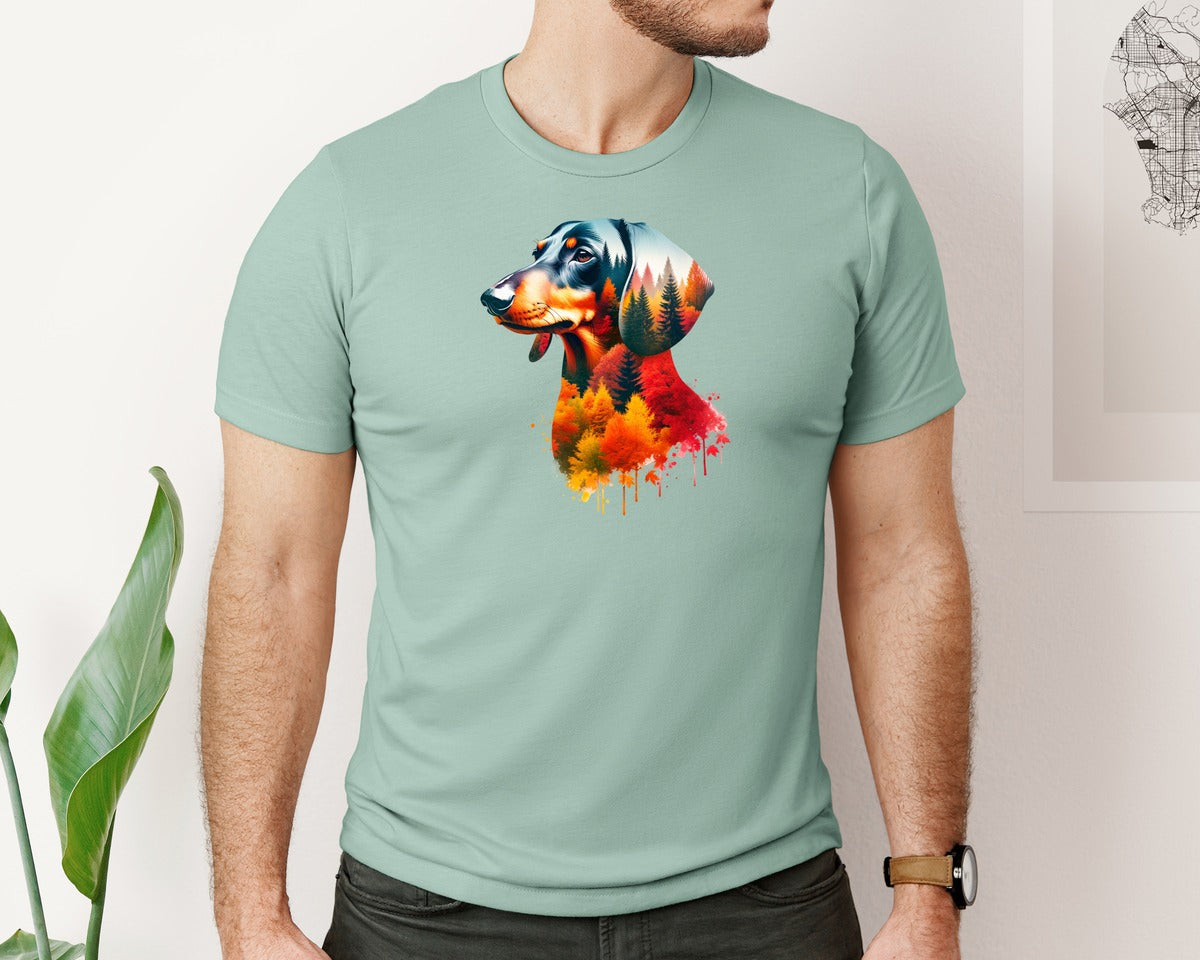 brand:Bella Canvas|color:Dusty Blue|Autumn Fall Dachshund Sausage Dog Graphic T-Shirt