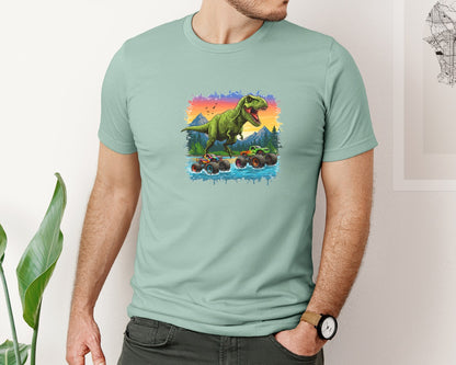 brand:Bella Canvas|color:Dusty Blue|Dinosaur Monster Truck T Rex Graphic T-Shirt