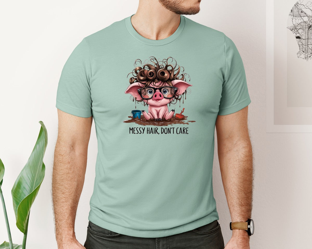 brand:Bella Canvas|color:Dusty Blue|Messy Hair Pig Funny Cute Design Graphic T-Shirt