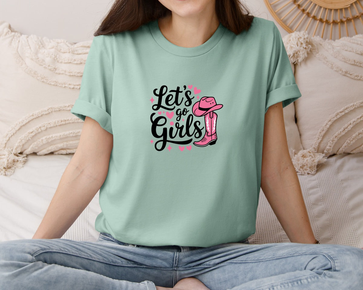 brand:Bella Canvas|color:Dusty Blue|Lets Go Girls Western Cowgirl Graphic T-Shirt