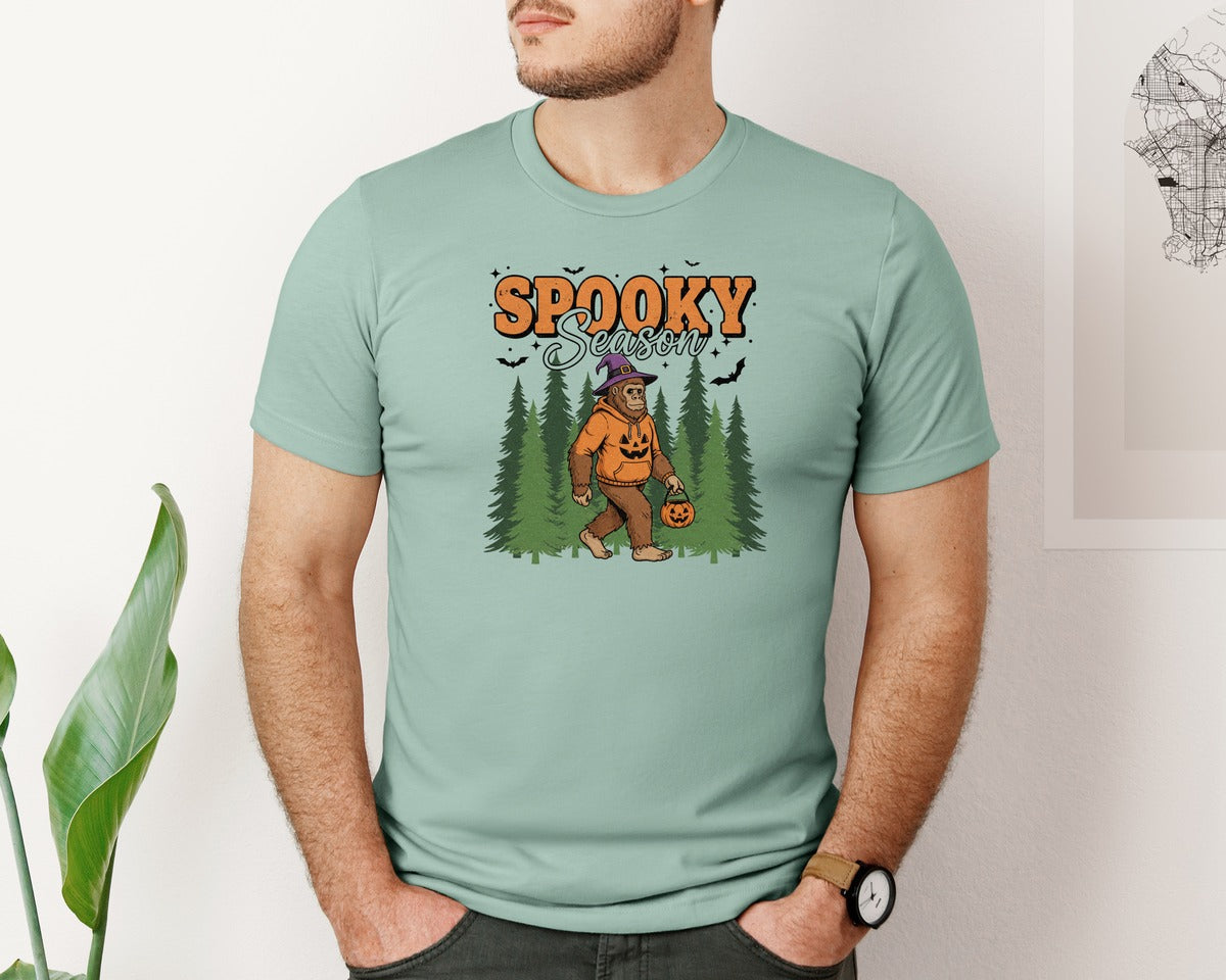 brand:Bella Canvas|color:Dusty Blue|Spooky Season Bigfoot Halloween Graphic T-Shirt