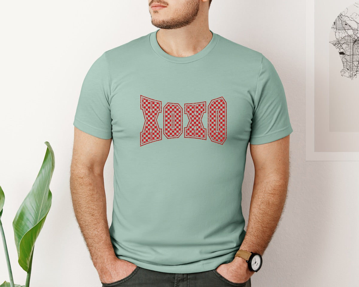 brand:Bella Canvas|color:Dusty Blue|Retro Checkered Valentine Xoxo Varsity Graphic T-Shirt