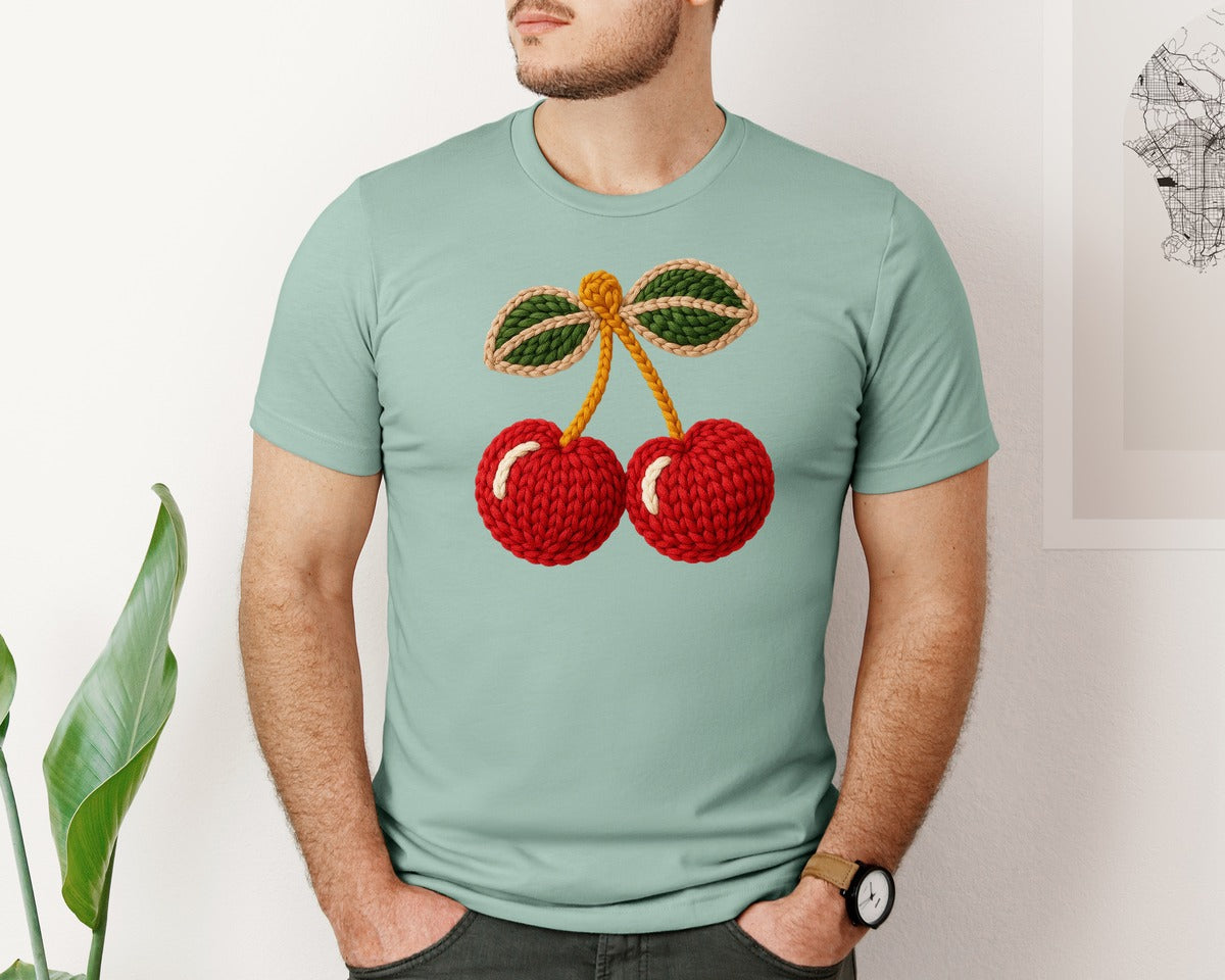 brand:Bella Canvas|color:Dusty Blue|Cute Cherry Faux Yarn Graphic T-Shirt