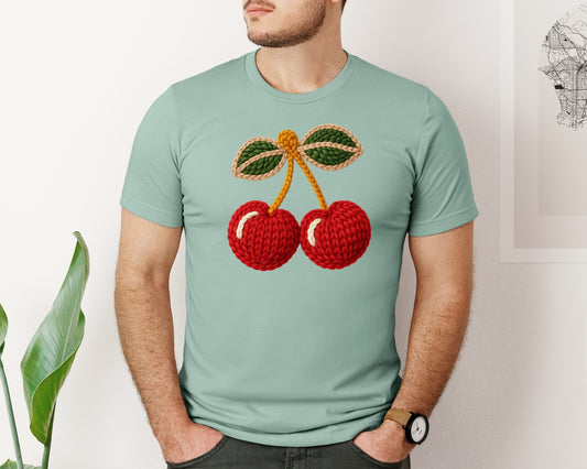 Cute Cherry Faux Yarn Graphic T-Shirt