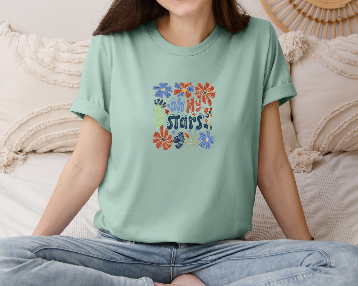 brand:Bella Canvas|color:Dusty Blue|Floral 4Th Of July Oh My Stars Graphic T-Shirt