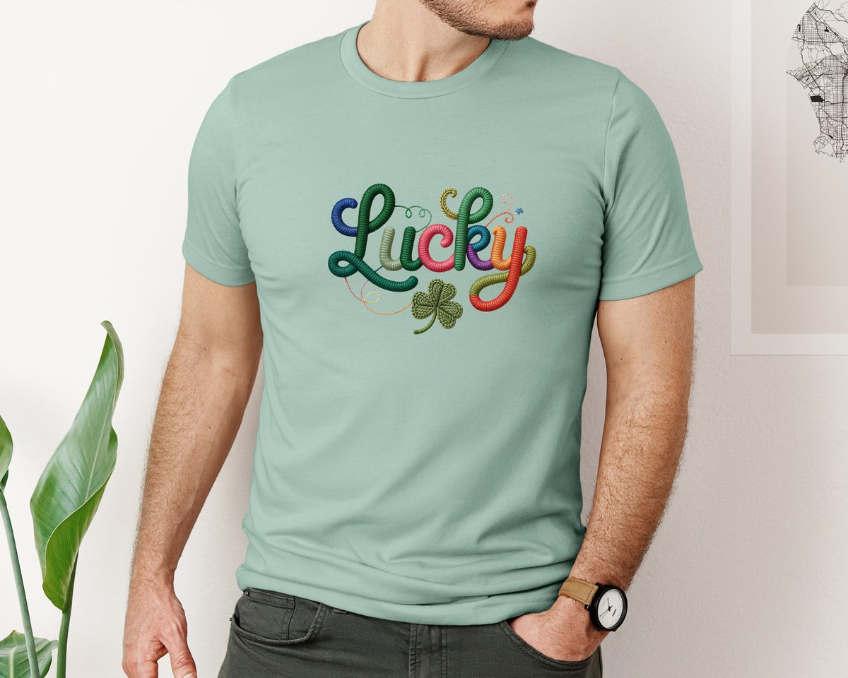 brand:Bella Canvas|color:Dusty Blue|Faux Yarn Lucky Script St Patricks Day Graphic T-Shirt