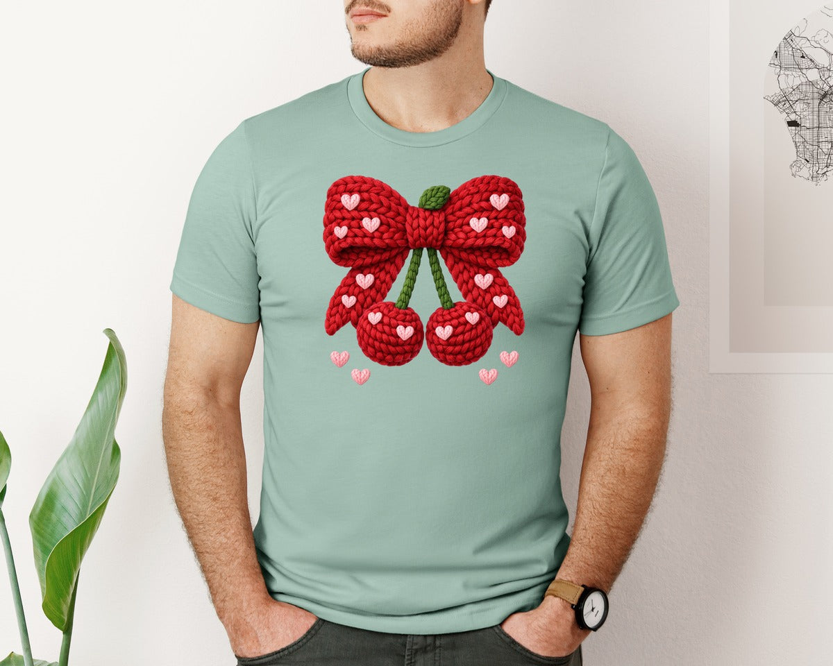 brand:Bella Canvas|color:Dusty Blue|Crochet Valentine Day Cherry 2 Graphic T-Shirt