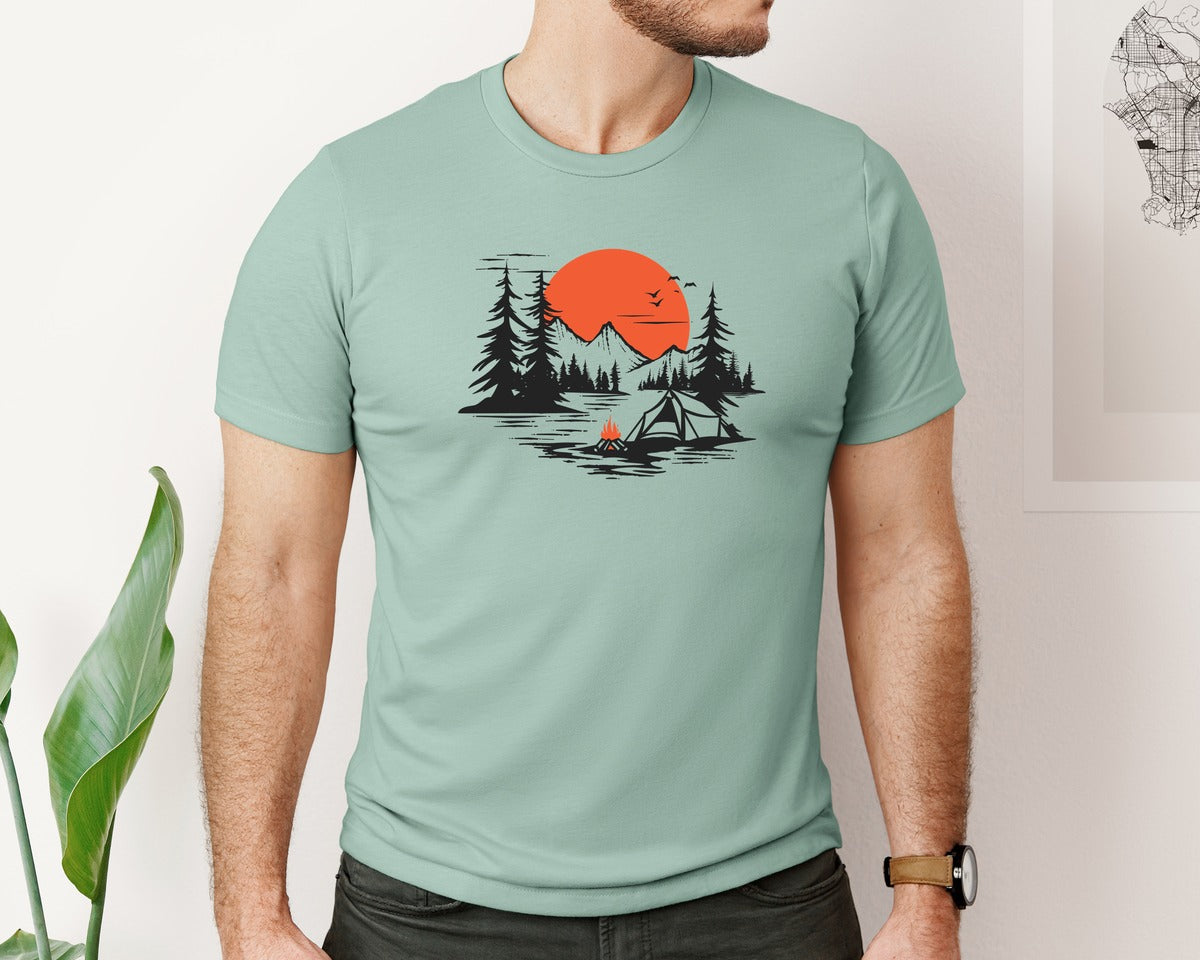 brand:Bella Canvas|color:Dusty Blue|Sunset Camping Adventure T Shirt Design 9 Graphic T-Shirt
