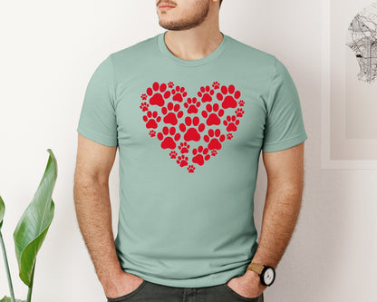 brand:Bella Canvas|color:Dusty Blue|Paw Print Heart Cat And Dog Paw Graphic T-Shirt