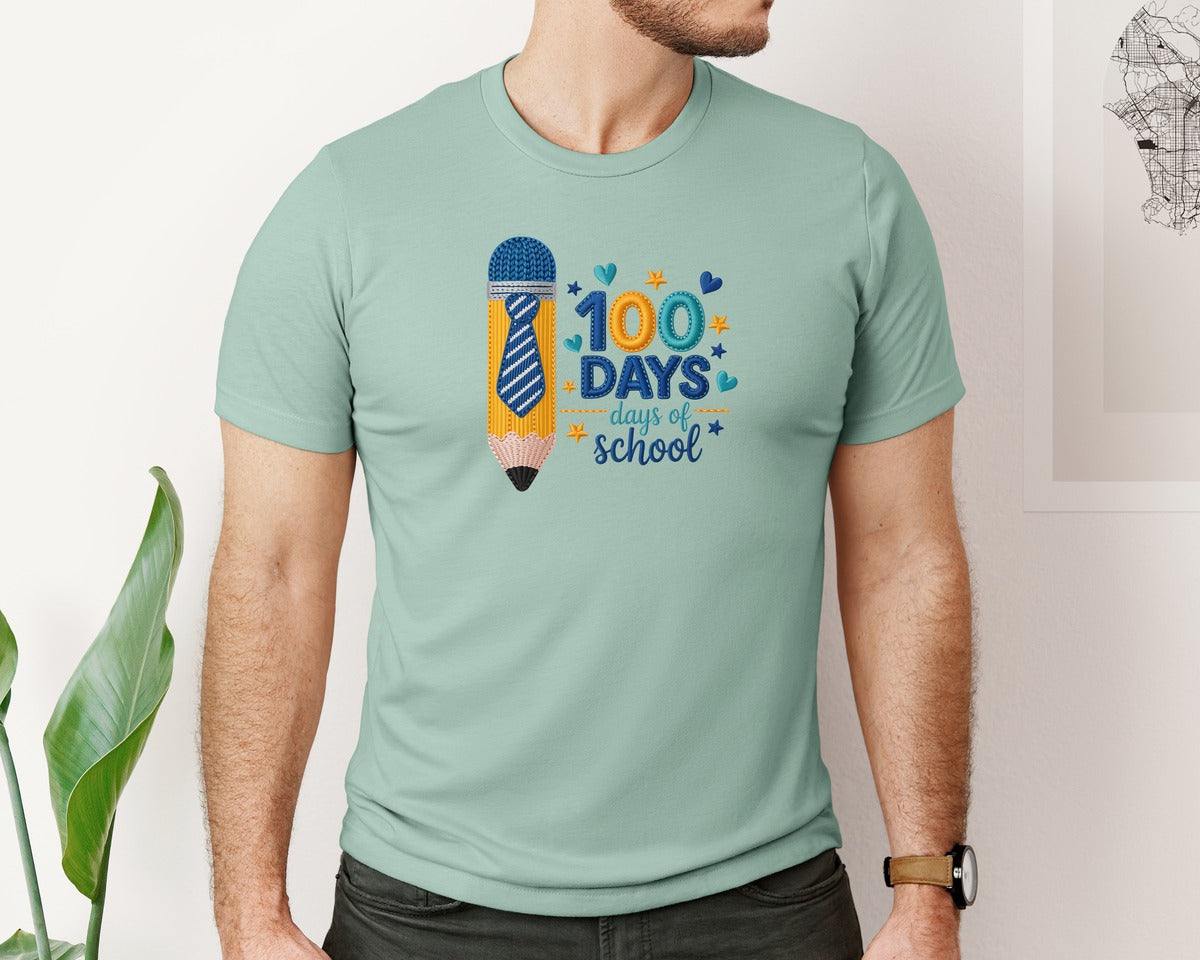 brand:Bella Canvas|color:Dusty Blue|Faux Yarn 100 Days Of School Boy Shirt Graphic T-Shirt