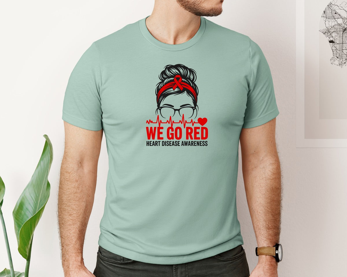 brand:Bella Canvas|color:Dusty Blue|We Go Red Heart Disease Awareness Graphic T-Shirt
