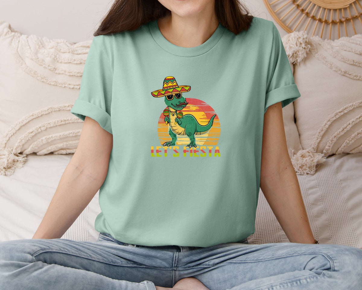 brand:Bella Canvas|color:Dusty Blue|Lets Fiesta Dinosaur Cinco De Mayo Graphic T-Shirt