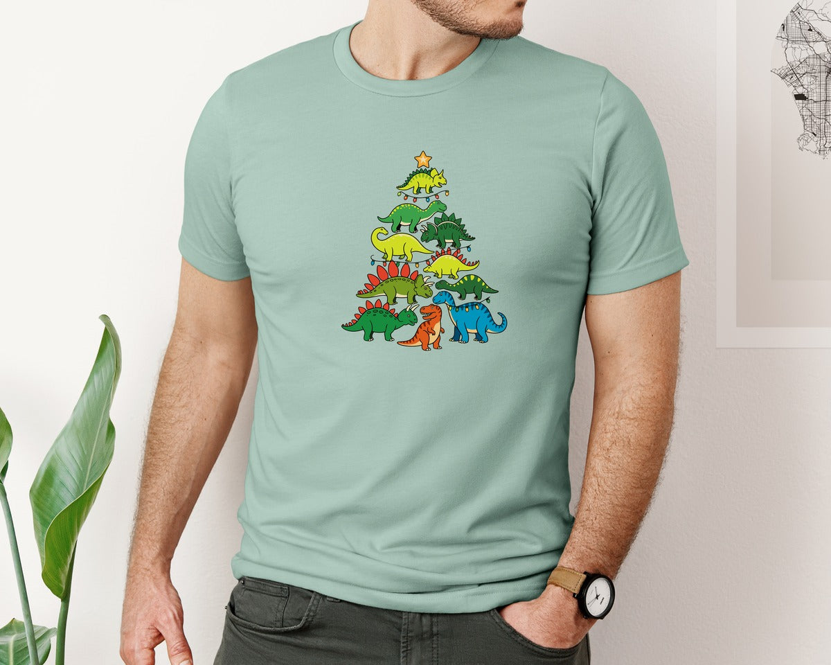 brand:Bella Canvas|color:Dusty Blue|Christmas Dinosaur T Rex Tree Xmas Graphic T-Shirt