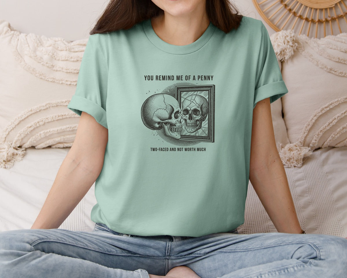 brand:Bella Canvas|color:Dusty Blue|Funny Sarcastic Skull Skeleton Graphic T-Shirt