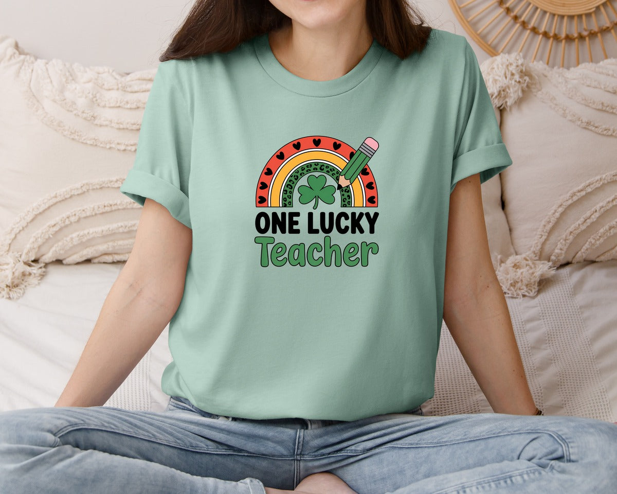 brand:Bella Canvas|color:Dusty Blue|St Patricks Day One Lucky Teache Graphic T-Shirt