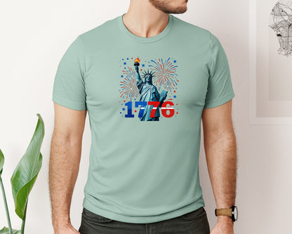 brand:Bella Canvas|color:Dusty Blue|Statue Of Liberty 1776 Fireworks T Shirt Graphic T-Shirt