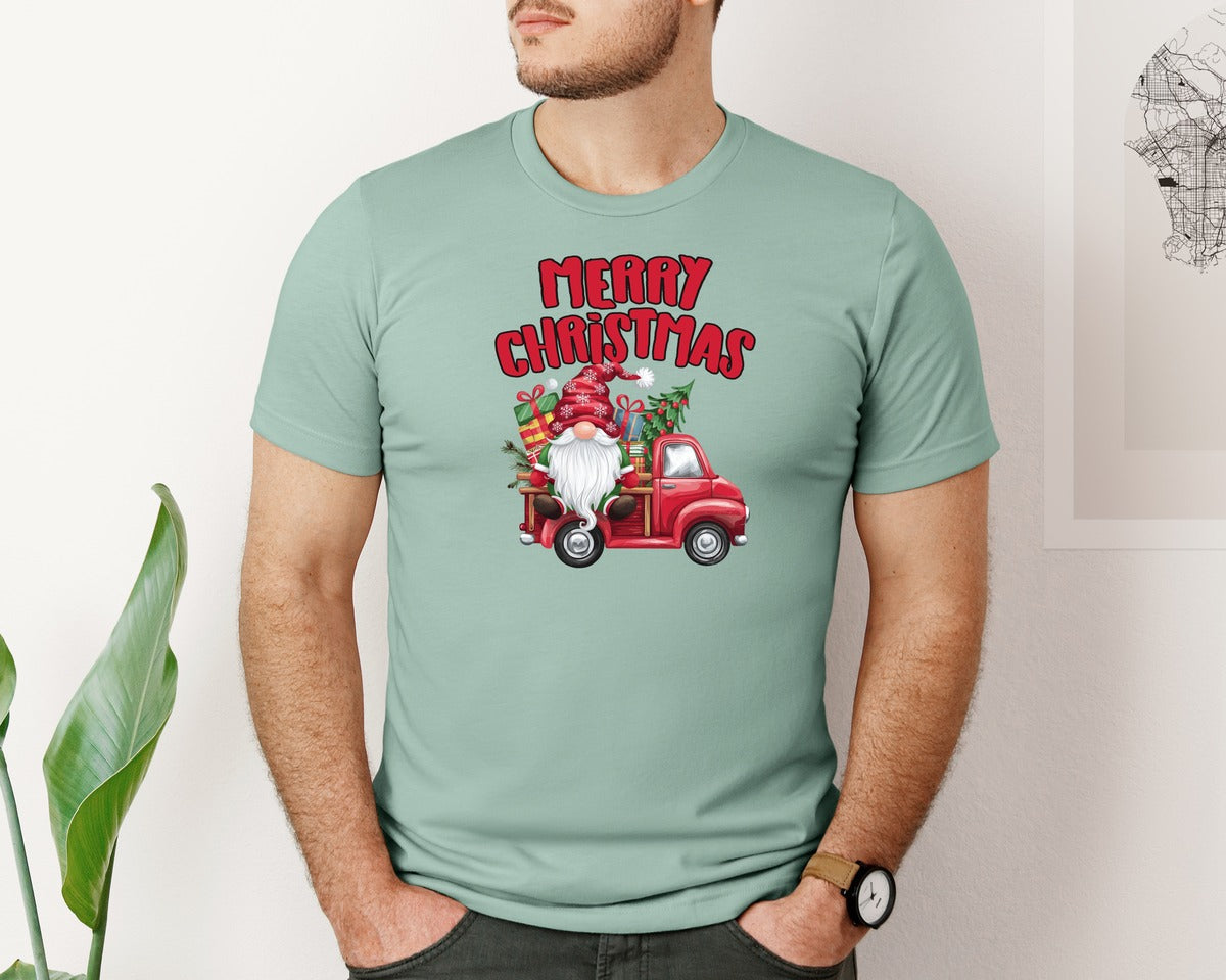 brand:Bella Canvas|color:Dusty Blue|Merry Christmas Red Vintage Truck Gnome Graphic T-Shirt