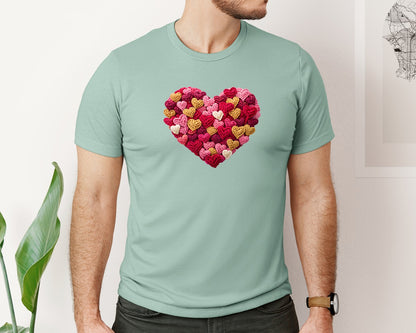 brand:Bella Canvas|color:Dusty Blue|Faux Yarn Crochet Valentine Heart Graphic T-Shirt