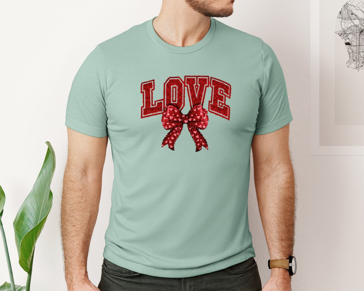 brand:Bella Canvas|color:Dusty Blue|Knitted Coquette Love Bow Valentine Graphic T-Shirt