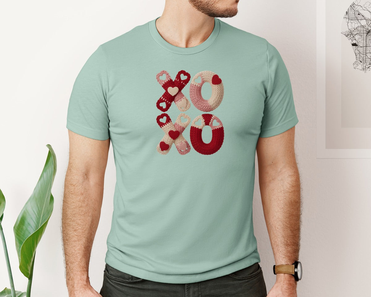 brand:Bella Canvas|color:Dusty Blue|Knitted Valentine Xo Alphabet Graphic T-Shirt