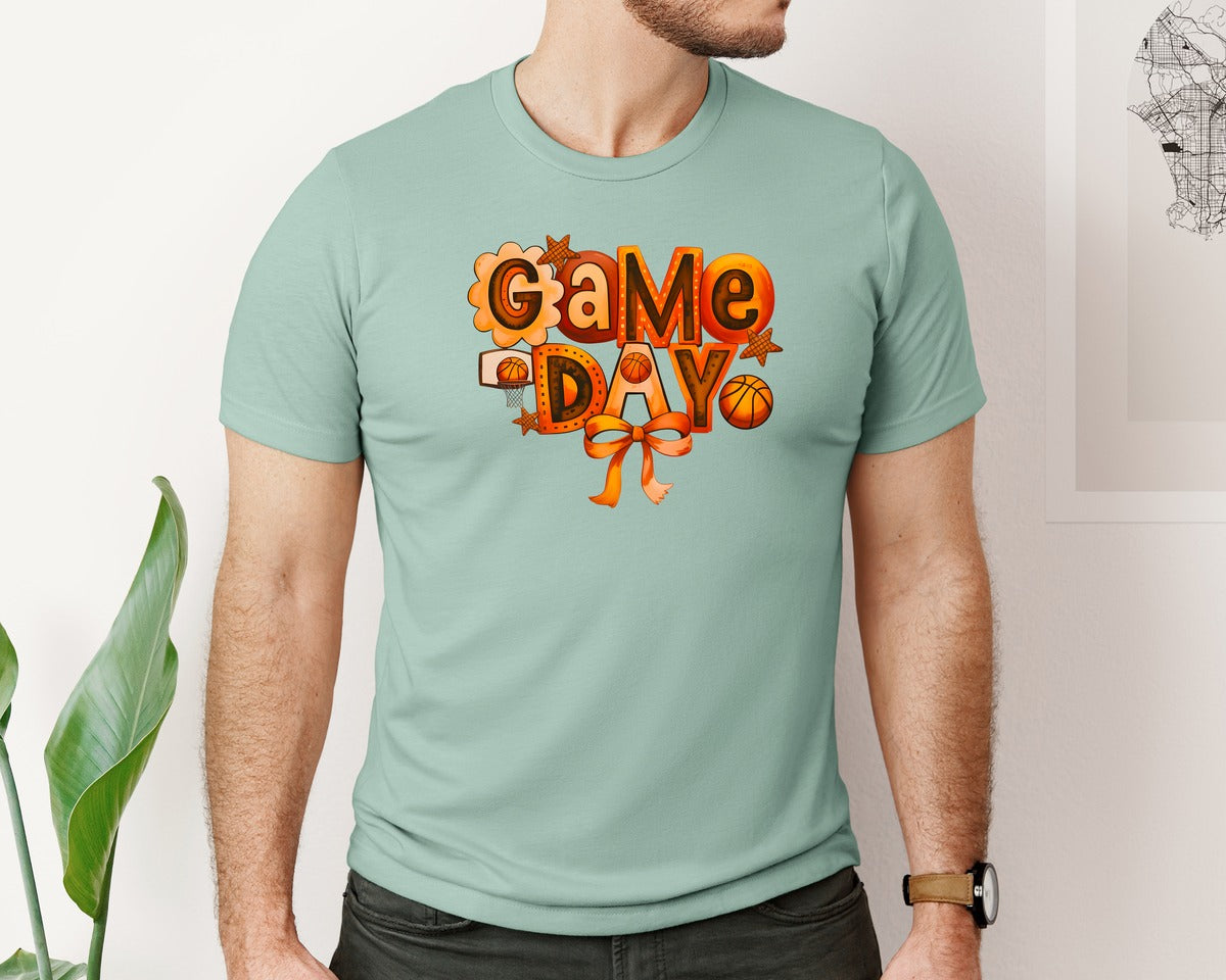 brand:Bella Canvas|color:Dusty Blue|Game Day Coquette Basketball Mom Graphic T-Shirt
