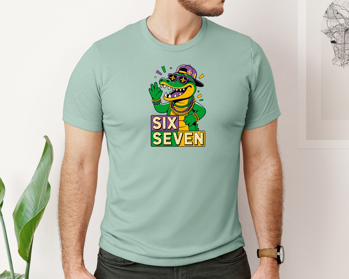 brand:Bella Canvas|color:Dusty Blue|Mardi Gras Gator Six Seven Graphic T-Shirt