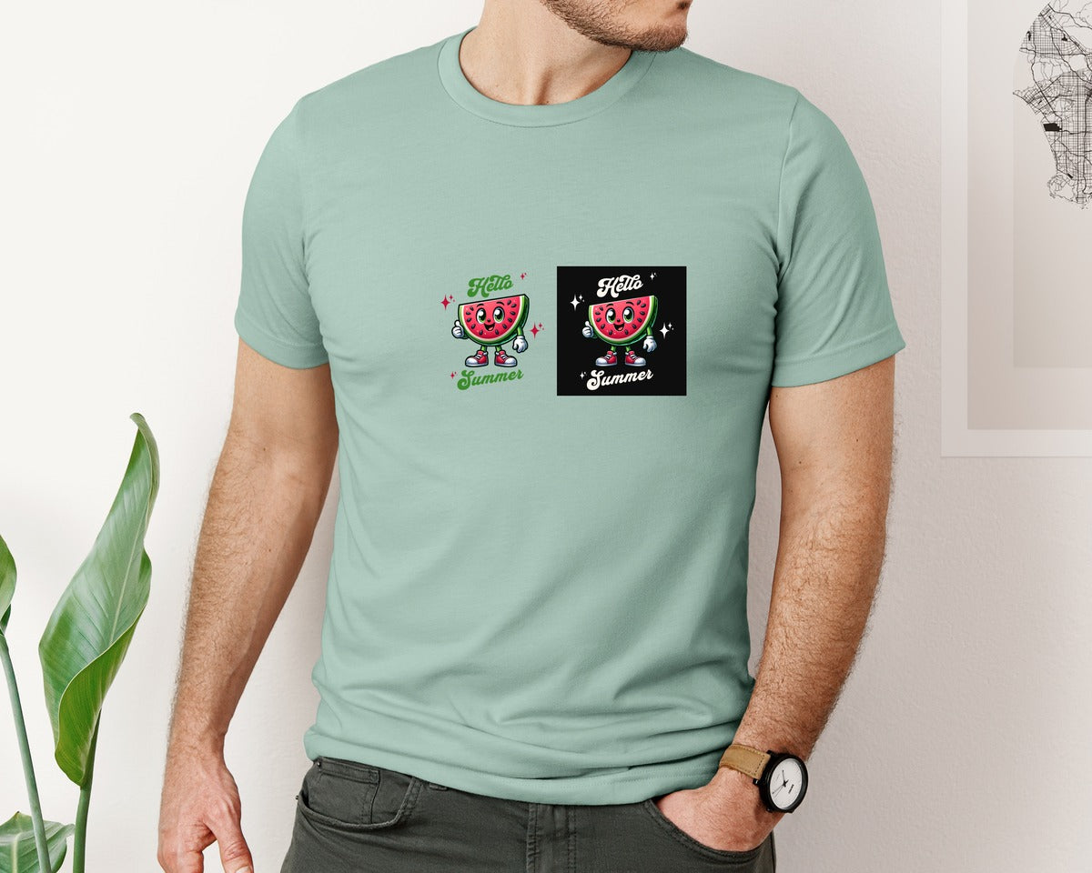 brand:Bella Canvas|color:Dusty Blue|Hello Summer Watermelon Graphic T-Shirt