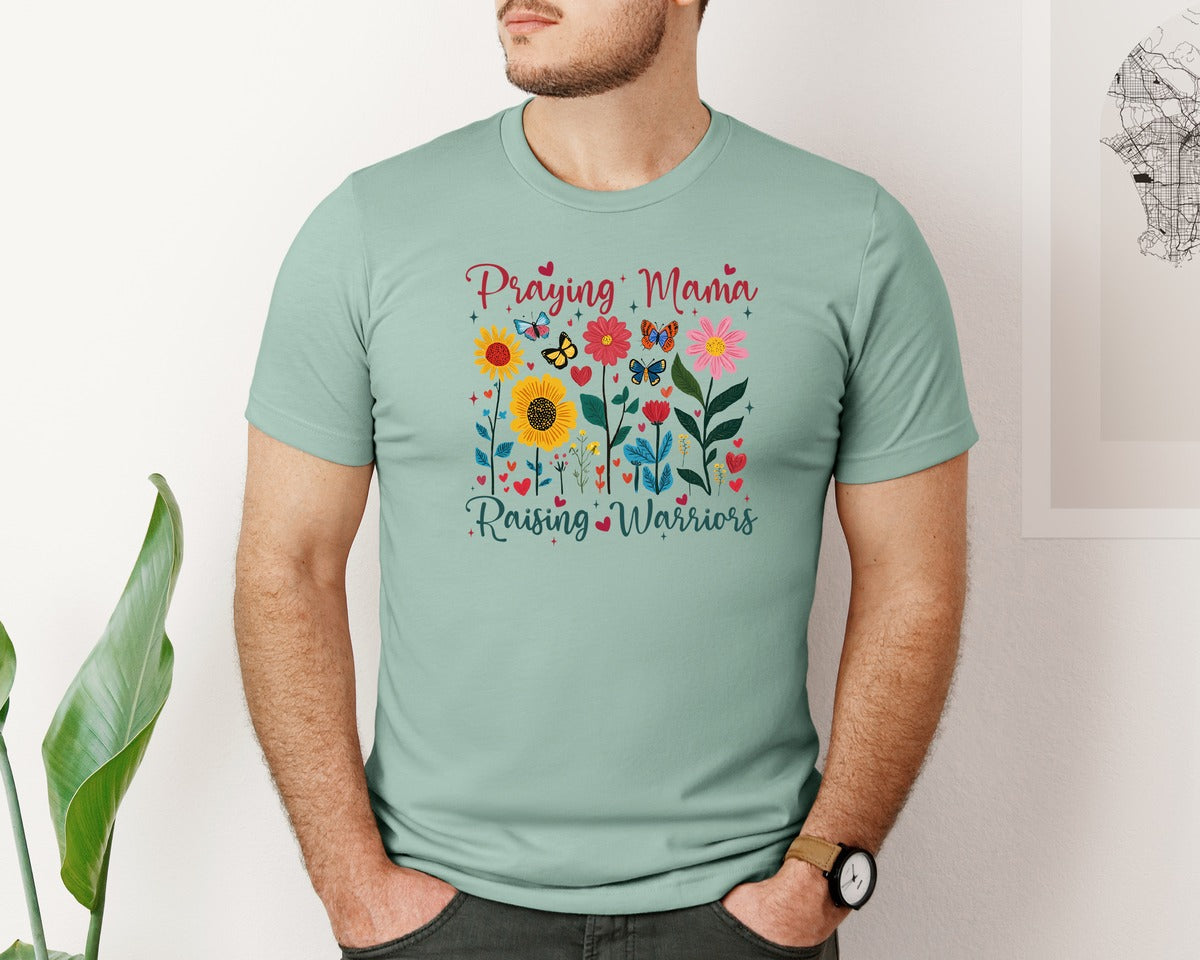 brand:Bella Canvas|color:Dusty Blue|Praying Mama Raising Warriors Boho Graphic T-Shirt