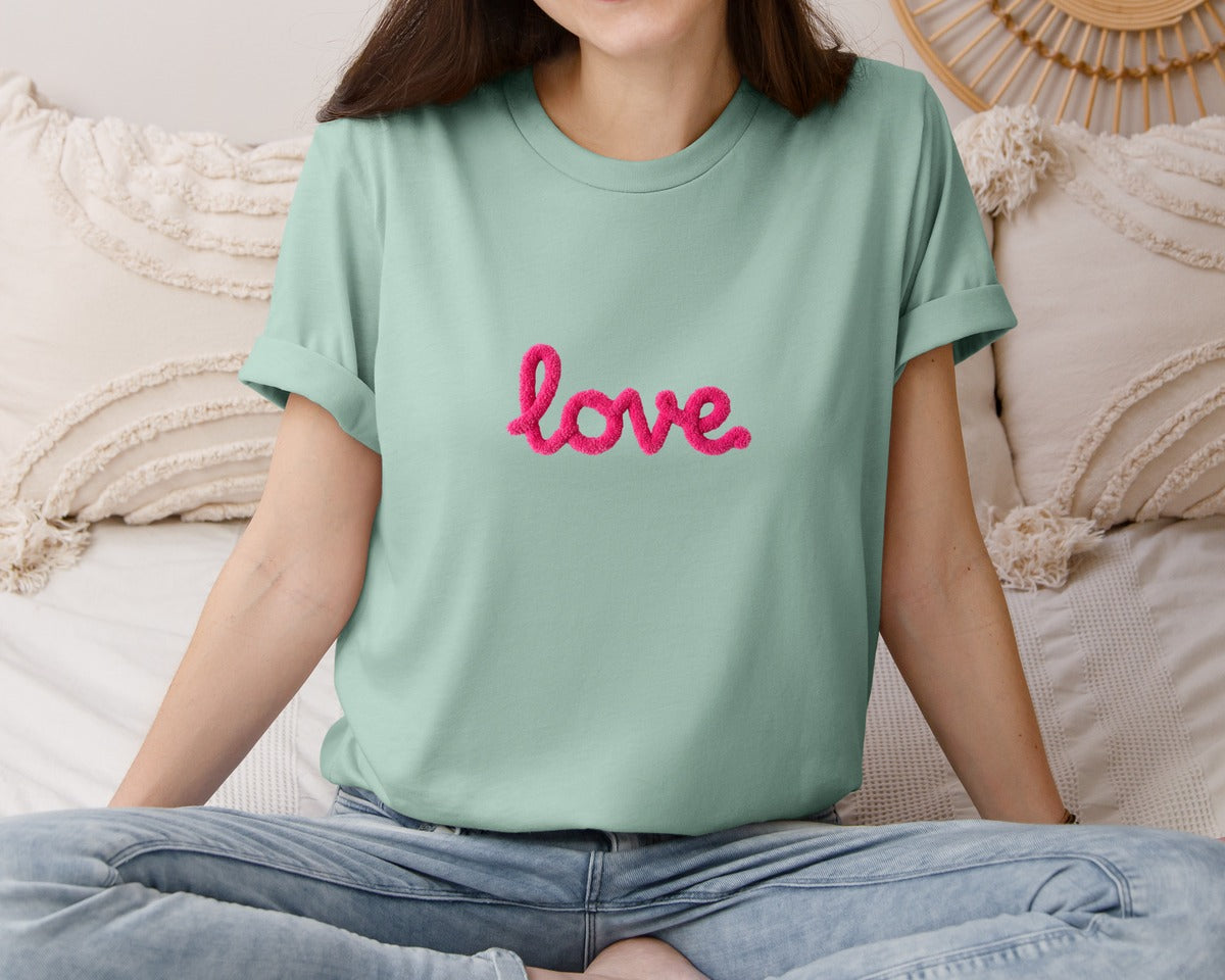 brand:Bella Canvas|color:Dusty Blue|Lovefluffy Faux Yarn Valentine Crochet Graphic T-Shirt