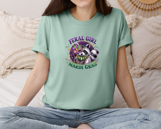 Feral Girl Mardi Gras Funny Raccoon Graphic T-Shirt