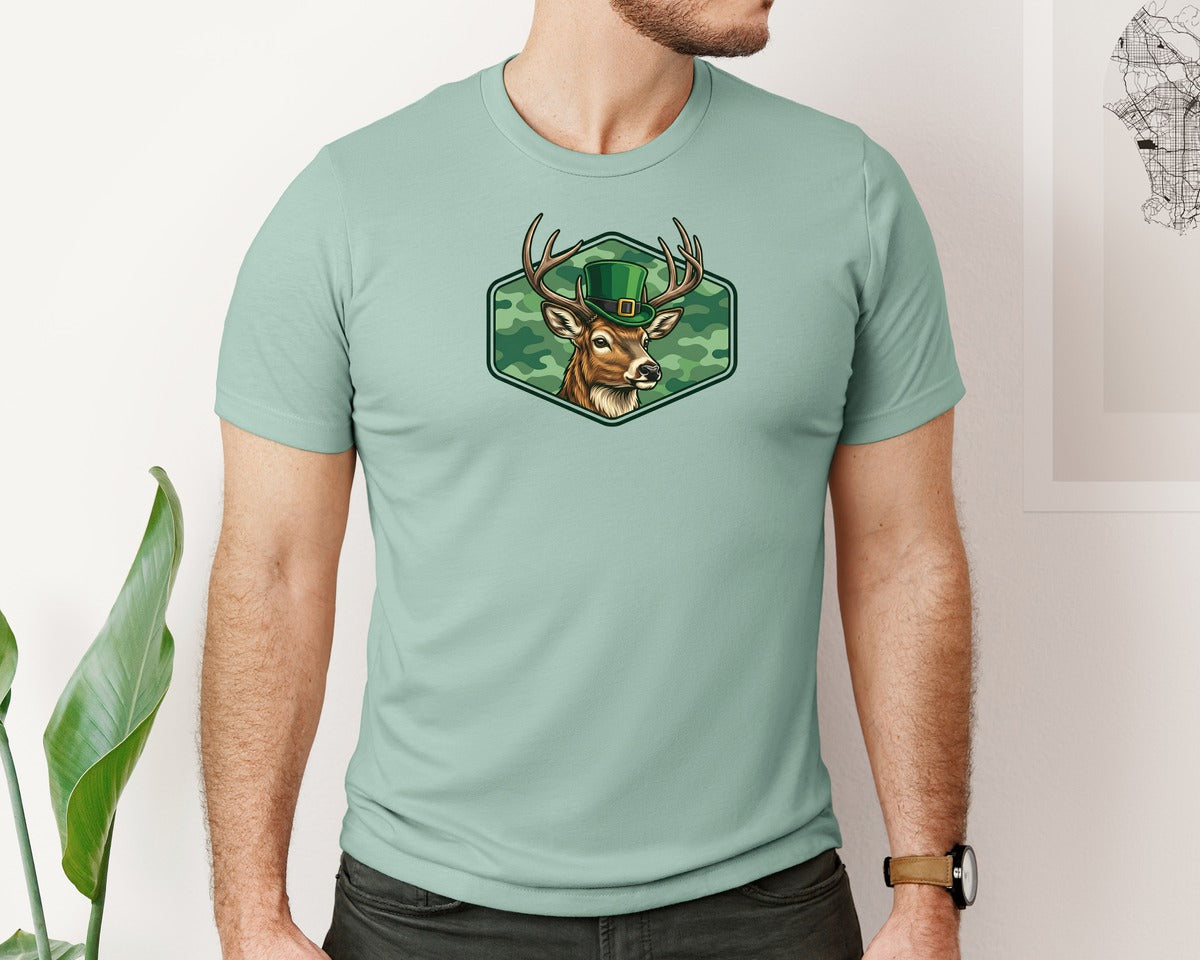 brand:Bella Canvas|color:Dusty Blue|St Patricks Day Hunting Deer Graphic T-Shirt