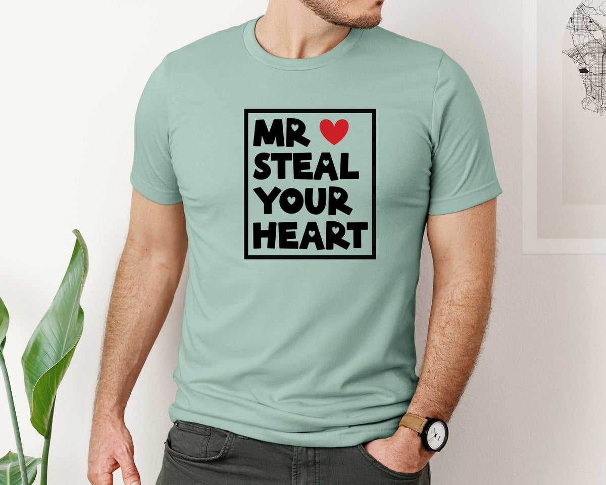 brand:Bella Canvas|color:Dusty Blue|Mr Steal Your Heart Boy Valentine 2 Graphic T-Shirt