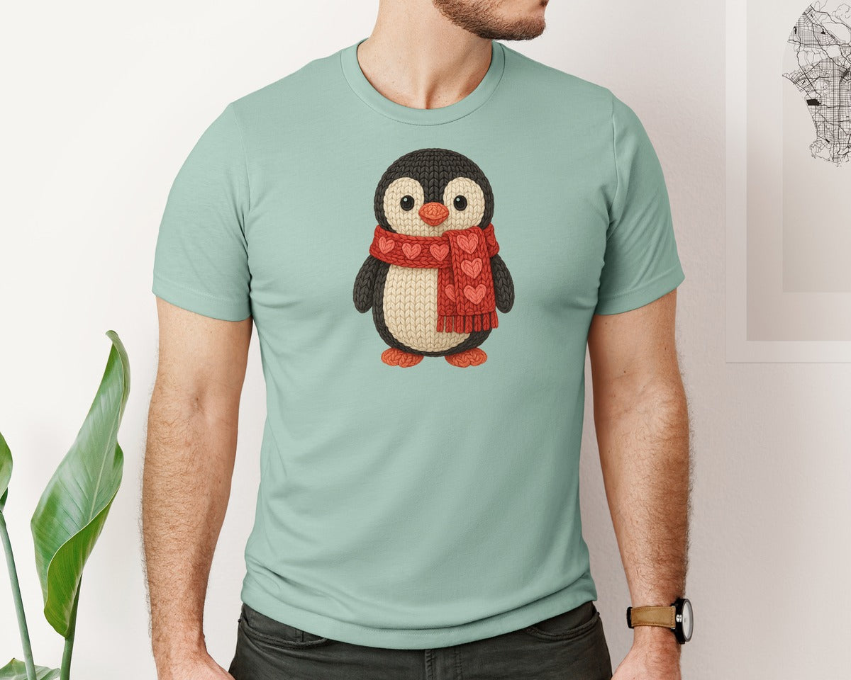 brand:Bella Canvas|color:Dusty Blue|Faux Crochet Penguin Valentine Graphic T-Shirt