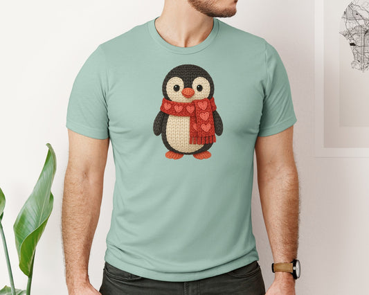 Faux Crochet Penguin Valentine Graphic T-Shirt