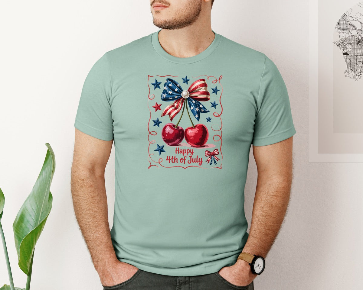 brand:Bella Canvas|color:Dusty Blue|4Th Of July Cherry Patriotic Bow Graphic T-Shirt