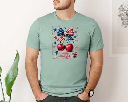 brand:Bella Canvas|color:Dusty Blue|4Th Of July Cherry Patriotic Bow Graphic T-Shirt