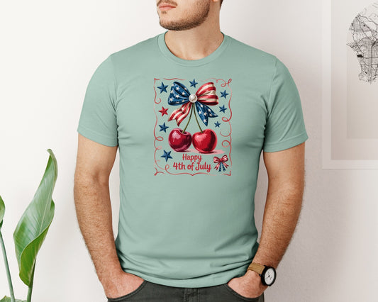 4Th Of July Cherry Patriotic Bow Graphic T-Shirt