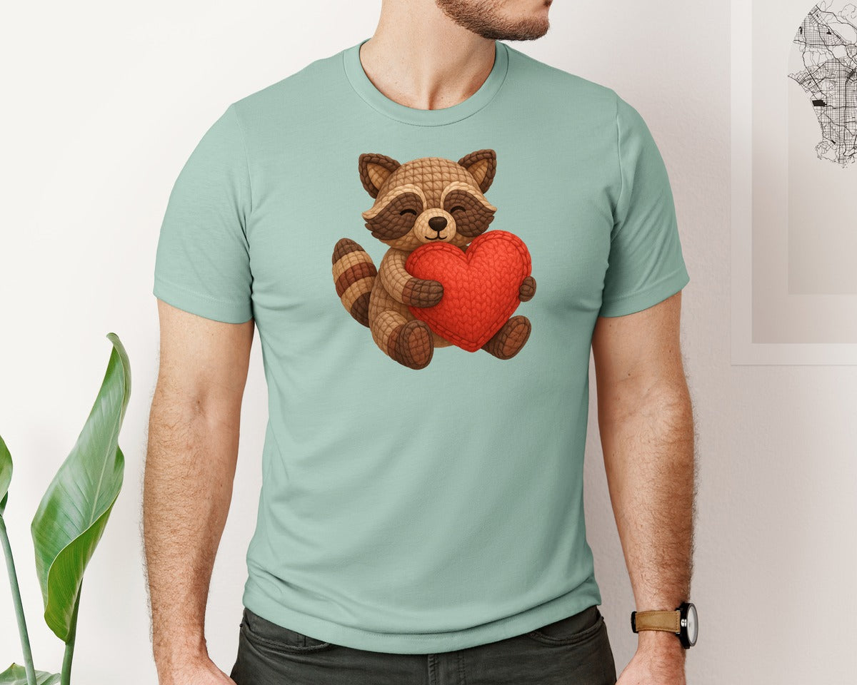 brand:Bella Canvas|color:Dusty Blue|Faux Crochet Raccoon Cute Graphic T-Shirt
