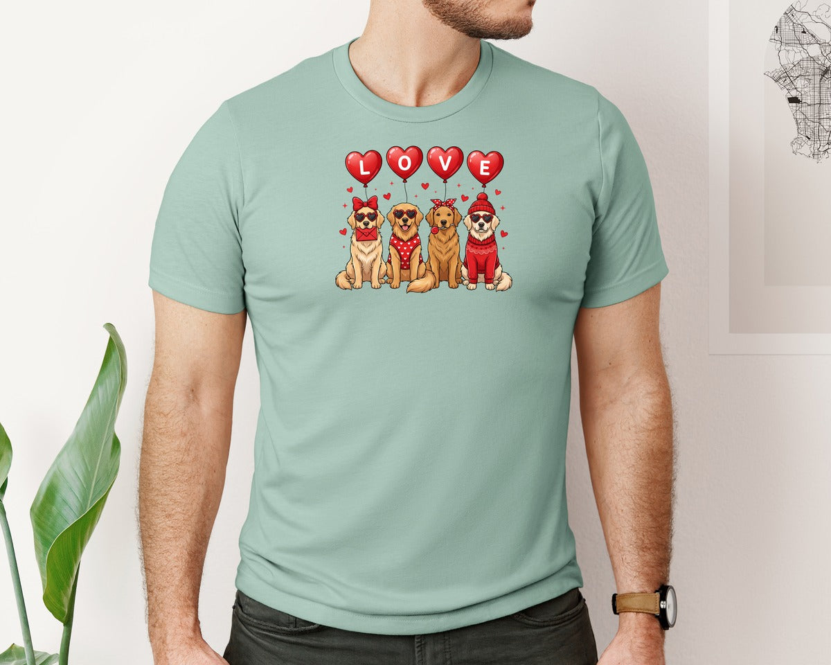 brand:Bella Canvas|color:Dusty Blue|Cute Valentine Golden Retriever Dogs Graphic T-Shirt