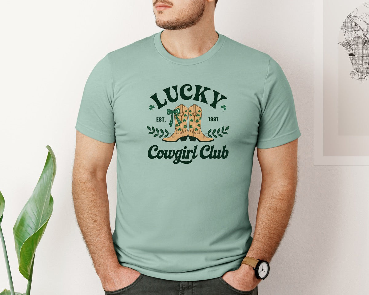 brand:Bella Canvas|color:Dusty Blue|St Patricks Day Lucky Cowgirl Coquette 7 Graphic T-Shirt