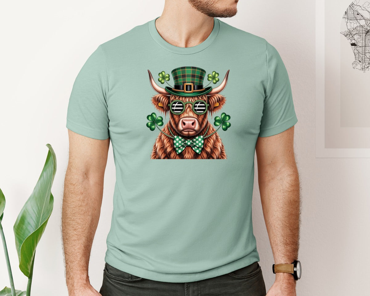 brand:Bella Canvas|color:Dusty Blue|Crochet Lucky Highland Cow St Patrick Graphic T-Shirt