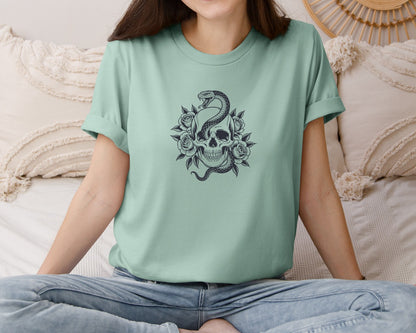 brand:Bella Canvas|color:Dusty Blue|Retro Skull And Snake Vintage Graphic T-Shirt